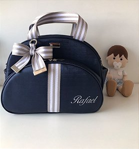 Bolsa Maternidade Média Sintético Azul Marinho com faixa listrada cinza e branco